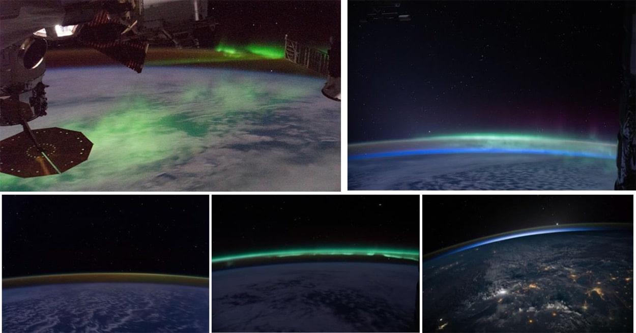 Earth glow and aurora photographs taken from the International Space Station